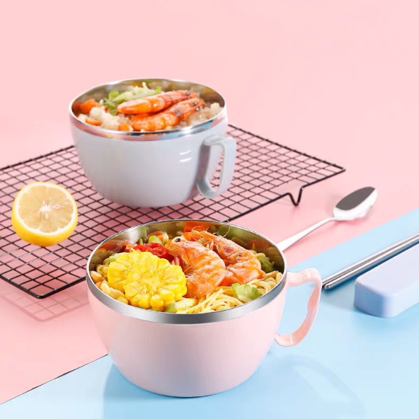 Kitchen Stainless Steel Noodle Bowl with Handle / Cute Portable Outdoor Lunch Box / Leak-Proof Food Container / Instant Noodle Bowl Box