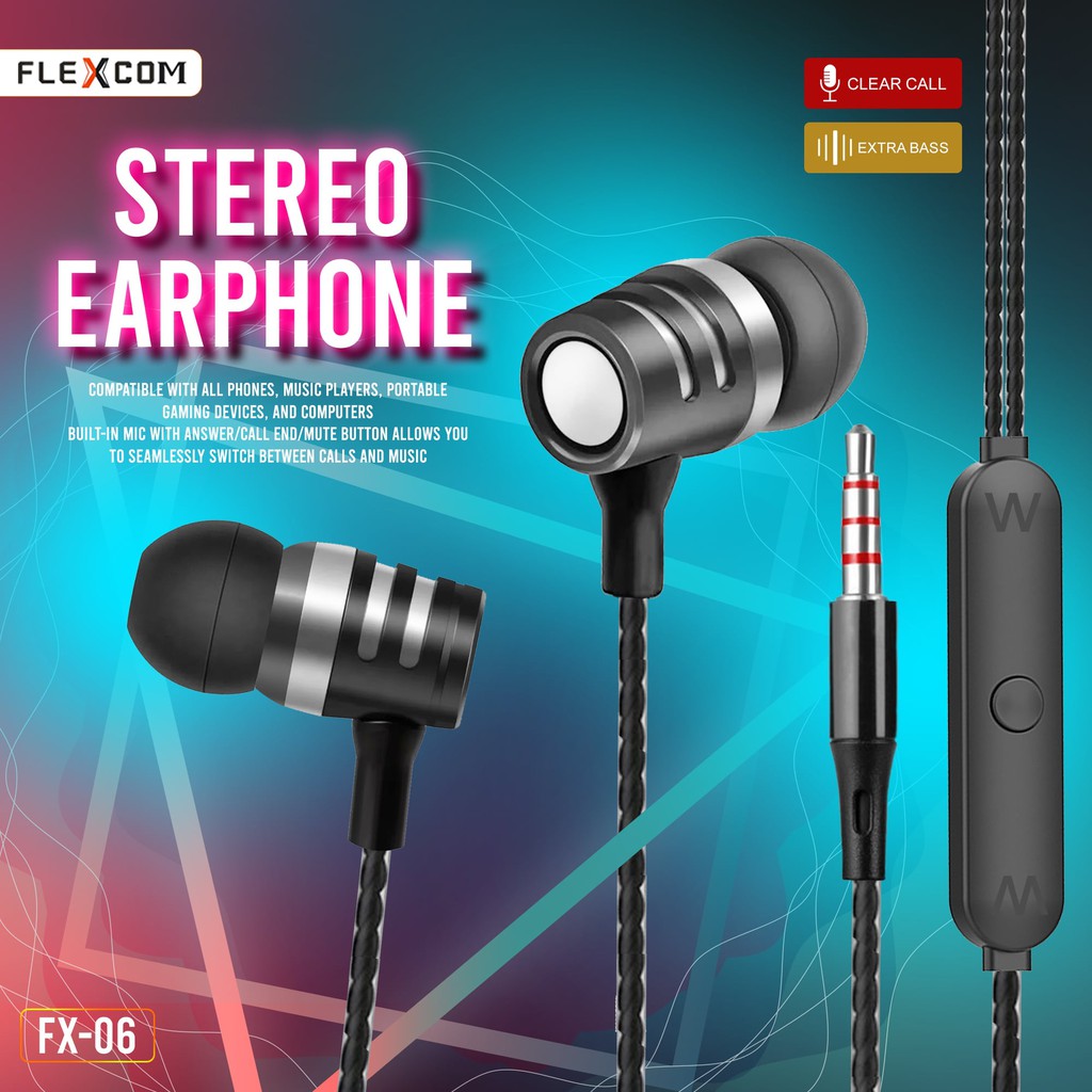 Headset Handfree FLEXCOM FX-06 by FLECO Earphone Extra Bass Double Speaker Stereo 3.5MM Wired Head Phone Murah with Mic