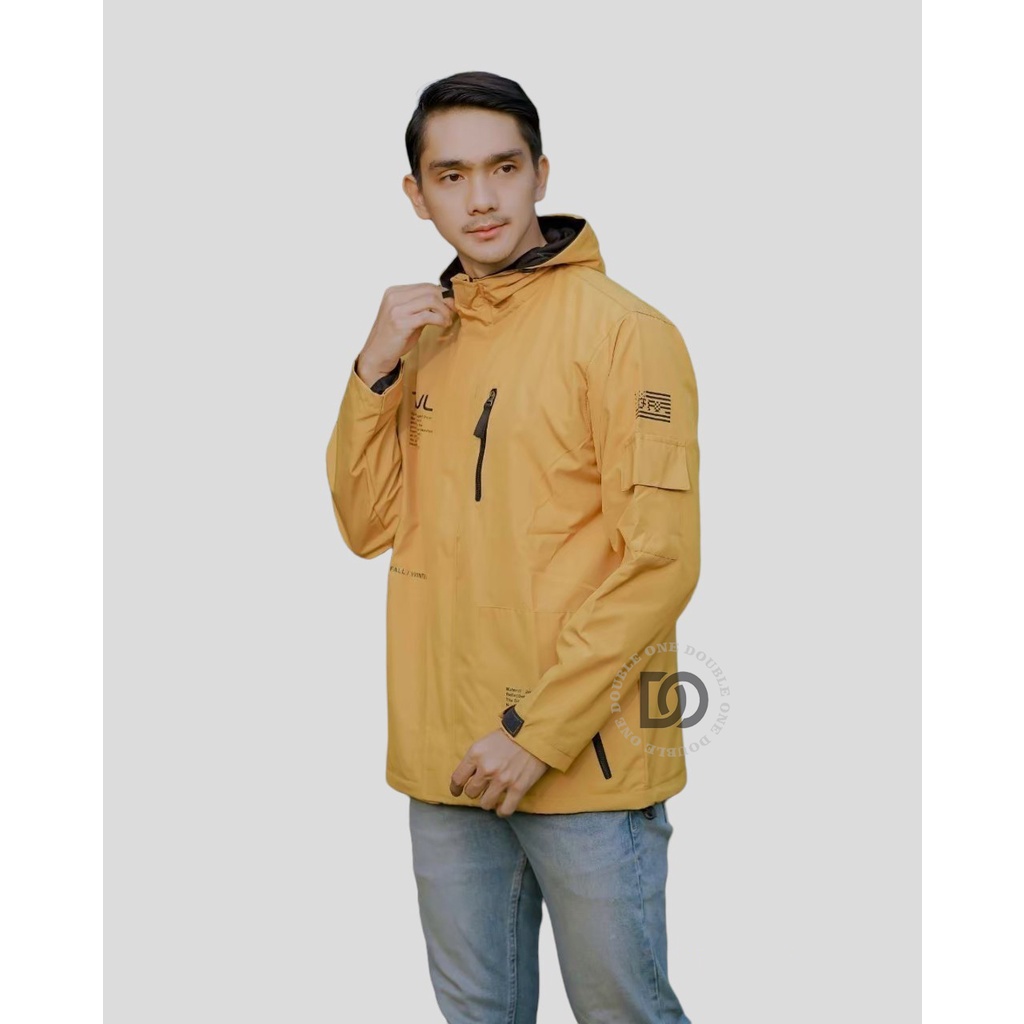 DOUBLE ONE - Jaket Pria Outdoor Taslan Original THE BOJIEL / Jaket Waterproof / Jaket Hoodie Parasut Pria / Jaket Hoodie Anti Air Kuning