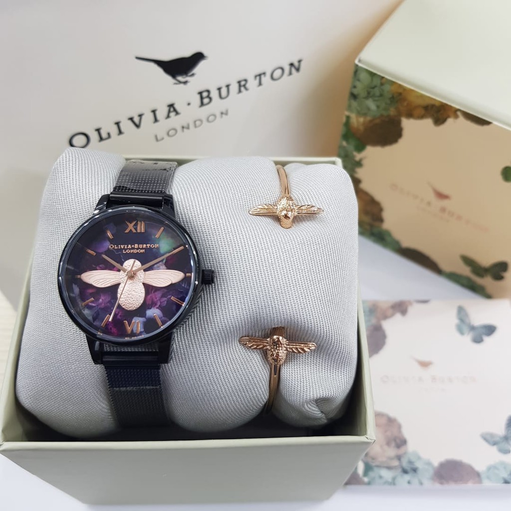 Jam Tangan Olivia Burton 3D bee Black + Acc