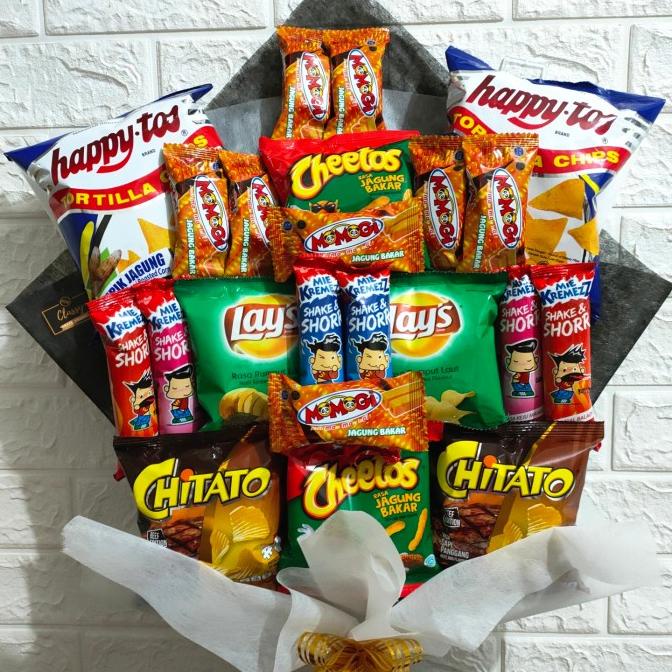Premium Product Snack Bouquet Jajan Chiki / Bucket Buket Bunga Hadiah Wisuda Skripsi - Paling Dimina