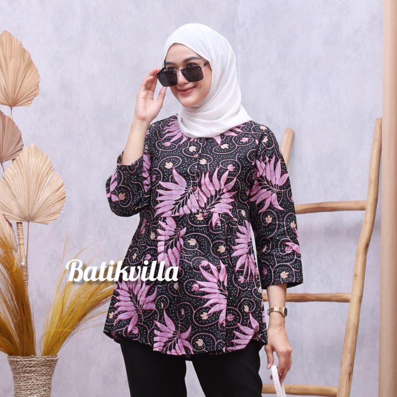 tey-17 Batik wanita ASJ SA HRB026 Kenongo Kemeja Tosca Pendek-Alam hitam