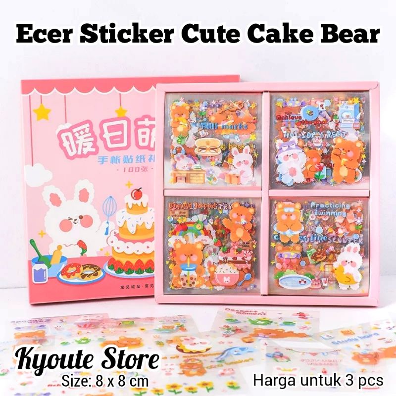 

Sticker Transparan Cute Cake Bear Bunny Animal Pink Ecer Waterproof Scrapbook Journal DIY Diary