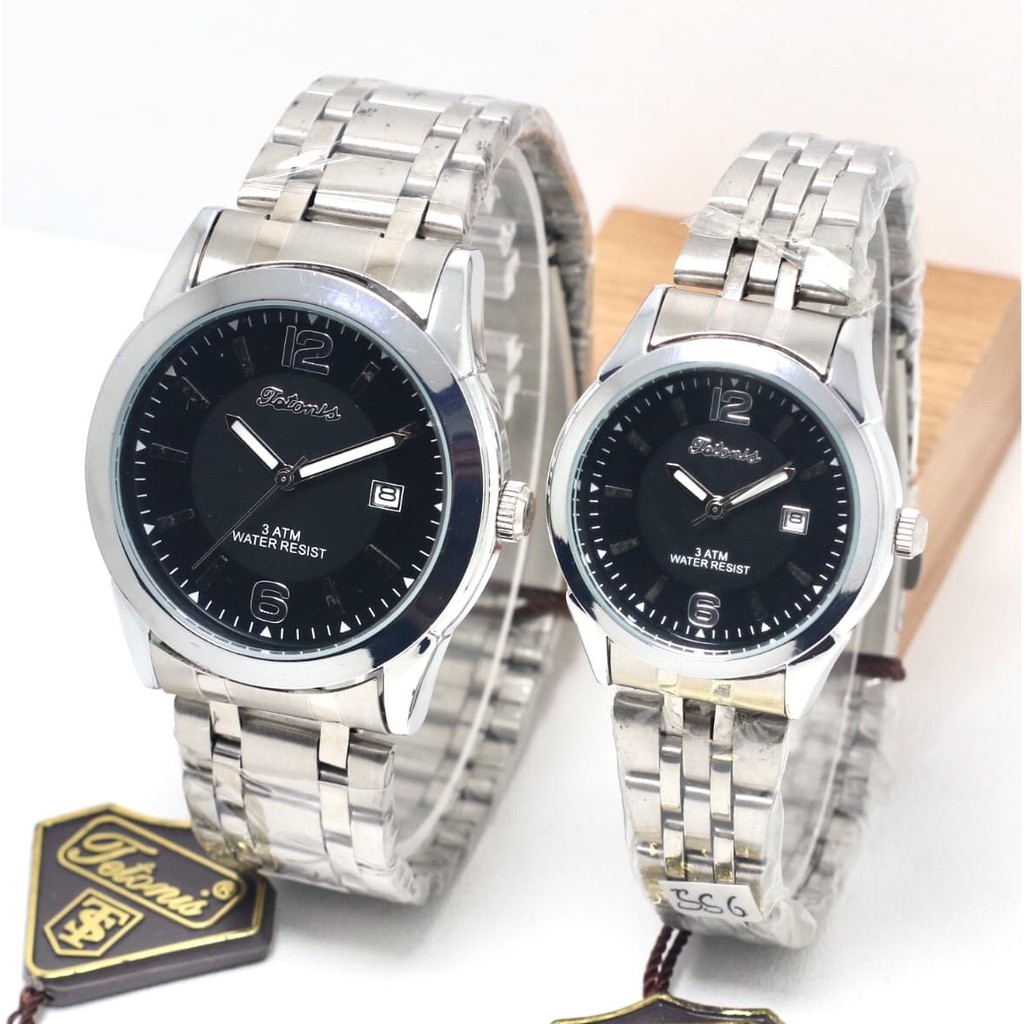 Jam Tangan Couple Pria Wanita Tetonis Original T37 Rantai Silver Black