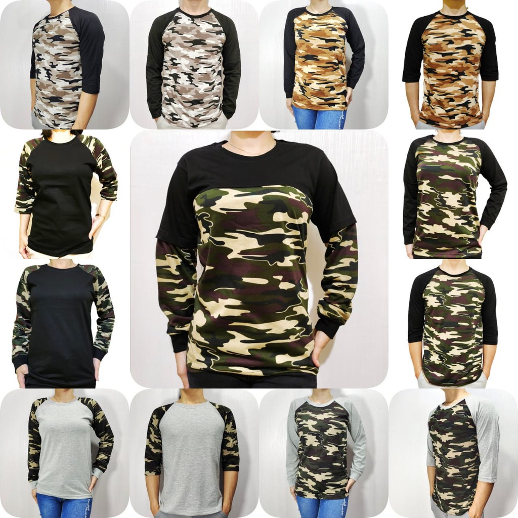 Kaos Raglan Loreng Army Lengan Hitam Panjang M L XL XXL