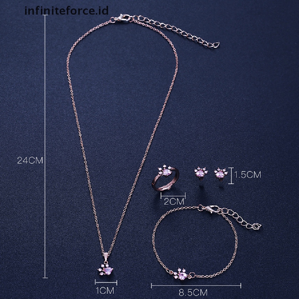 Infiniteforce.id 4pcs / Set Kalung + Gelang + Cincin + Anting Tusuk Motif Telapak Kaki Anjing Aksen Kristal Untuk Wanita