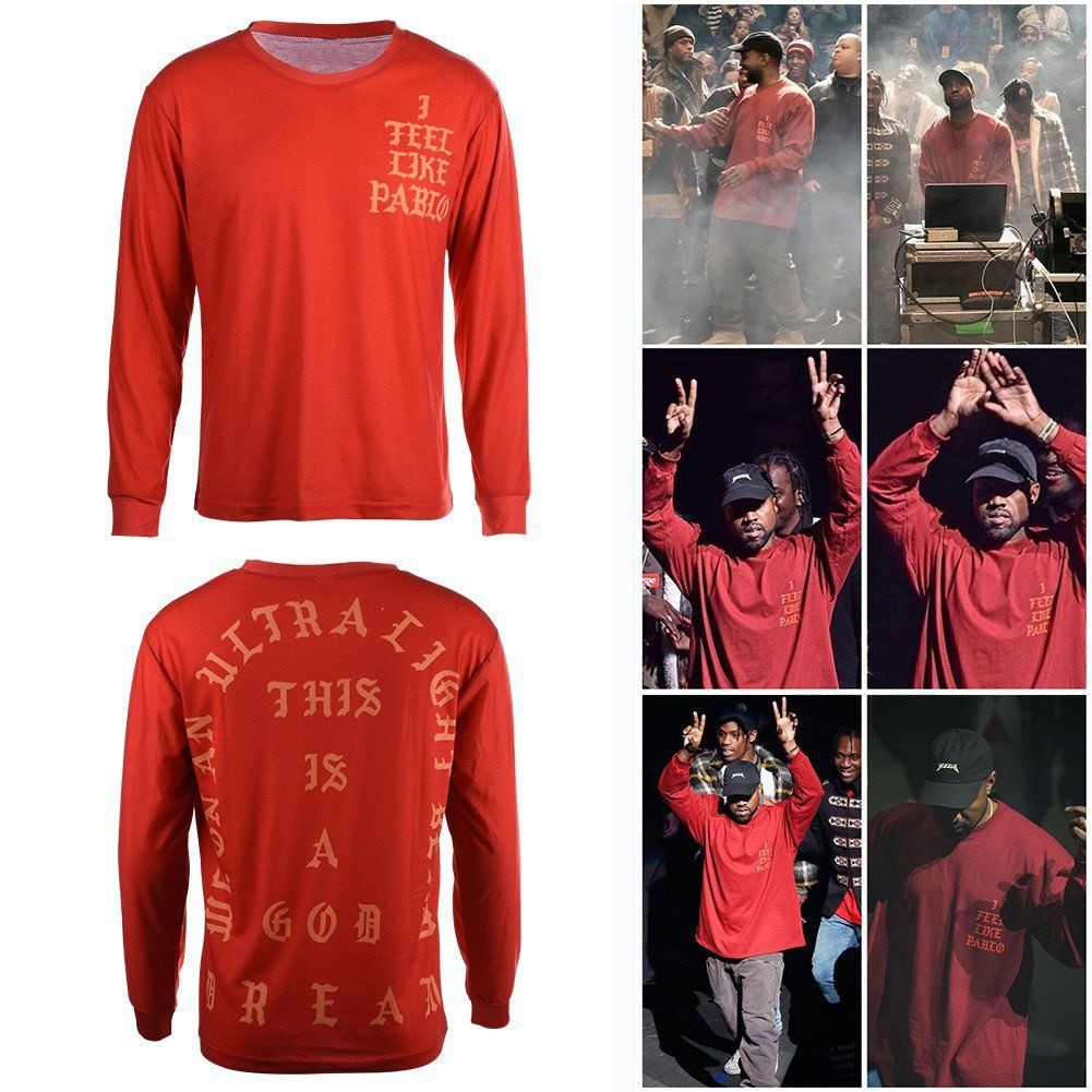 Kaos lengan panjang merah hip-hop trendi untuk pria baju olahraga