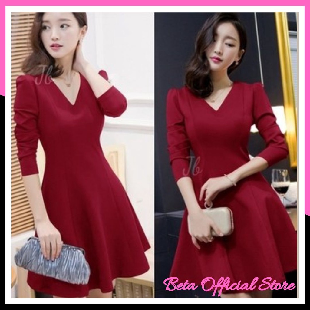 Baju Dress Pesta Natal Polos Wanita Remaja Korean Style Modern Mewah Elegan Anggun Cantik Trendy Tre