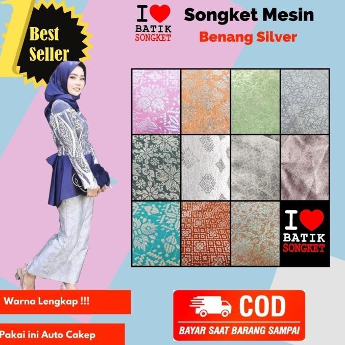 Songket mesin pastel benang silver bahan kain tenun palembang kebaya