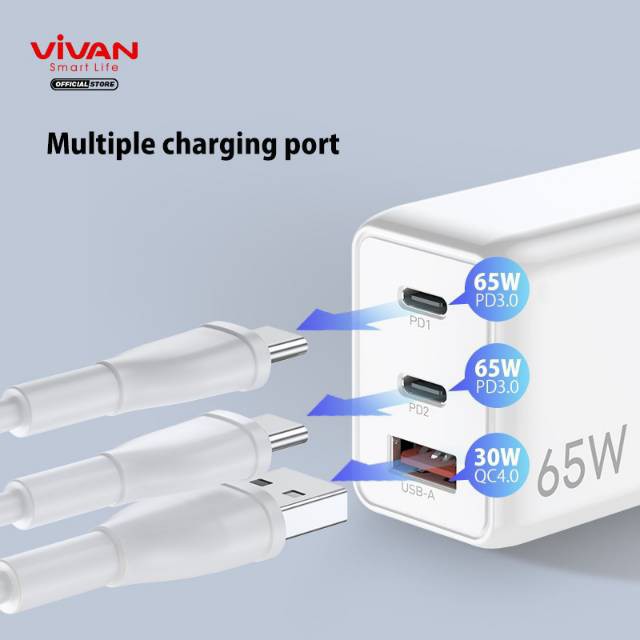 Charger VIVAN GaN01 dual Type-C dan USB 65W 5A 3 Output QC3.0 Port Quick