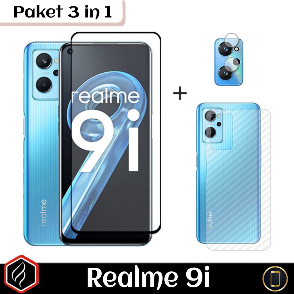 [PAKET HEMAT] 3 in 1 Realme 9i Anti Gores Layar Full Cover + Tempered Glass Camera Free Skin Carbon For Realme 9i ( 3in1 )