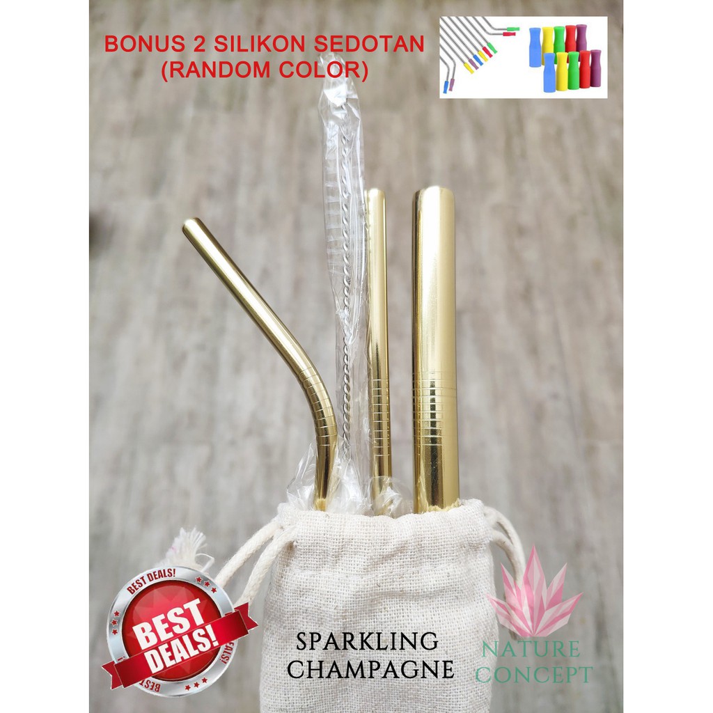 TERMURAH Sedotan Stainless SET Polos - Reusable Stainless Straw SET (BONUS 2 pcs Silikon Sedotan)