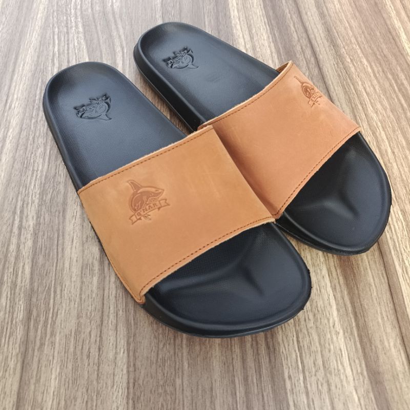 QNAR-Sendal slide pria kulit asli-Sandal slip on pria-Sandal distro pria model slip on