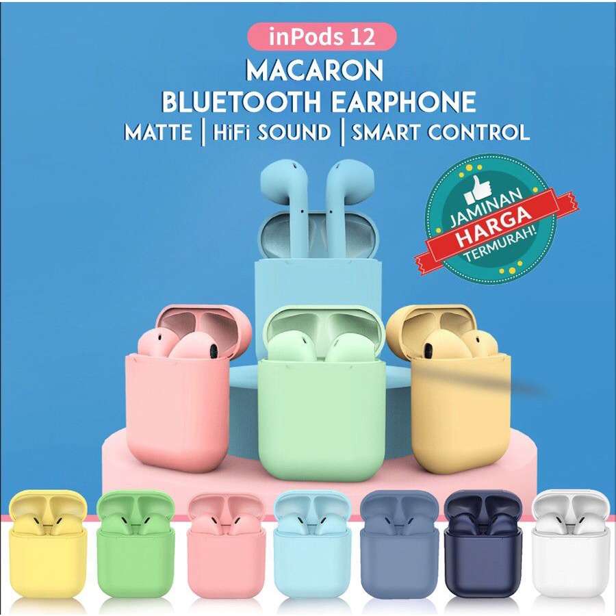 Inpods TWS i12 Macaron Colors Bluetooth Wireless Touch Earphone Handsfree High Premium Quality With Charger