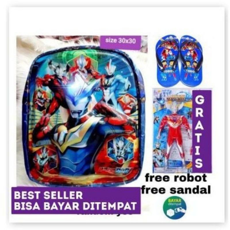 Tas ransel anak sekolah PAUD Ultraman LED EMBOS/ free robot + sandal spon