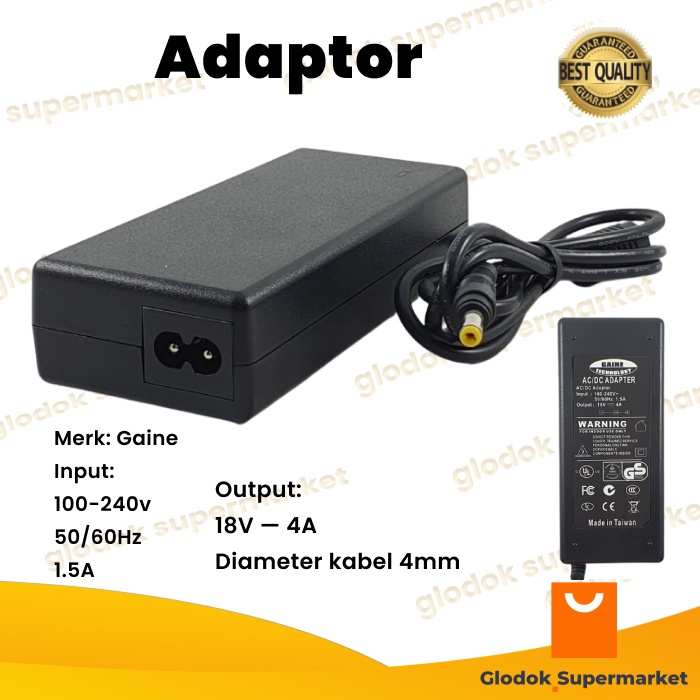 Adaptor 18v 4a Adapter DC Switching 18 Volt 4 Ampere Gaine Free Kabel Power 1.5meter