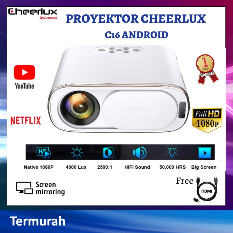 PROYEKTOR C16 ANDROID CHEERLUX 5000 LUMENS | PROYEKTOR KONEK HP ANDROID WIFI MIRRORING BLUETOOTH