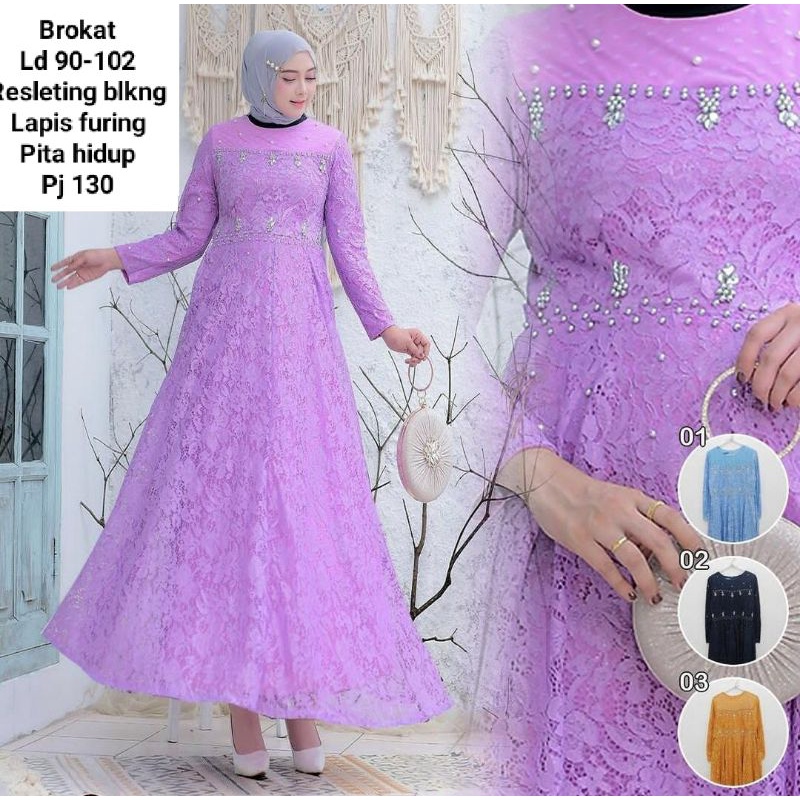 Kaftan gamis brokat mutiara payet gapes pesta lebaran muslim hijab s m l xl