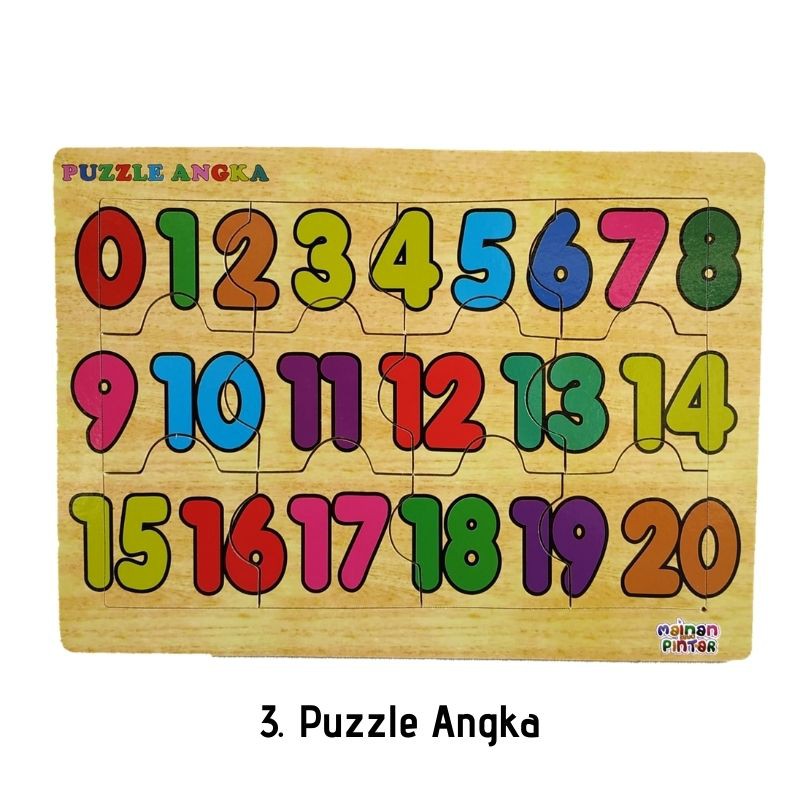 Mainan Kayu Pintar Paket Puzzle Kayu Jigsaw Isi 3 macam Huruf Hijaiyah Huruf Kecil Angka 0-20