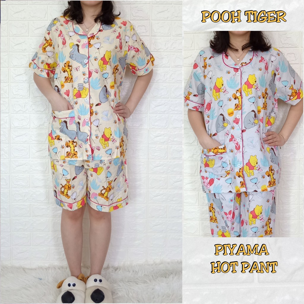 Piyama dewasa HP FIT XL, celana pendek baju pendek, katun jepang,motif POOH TIGER/BUNGAPANDA/KITTY