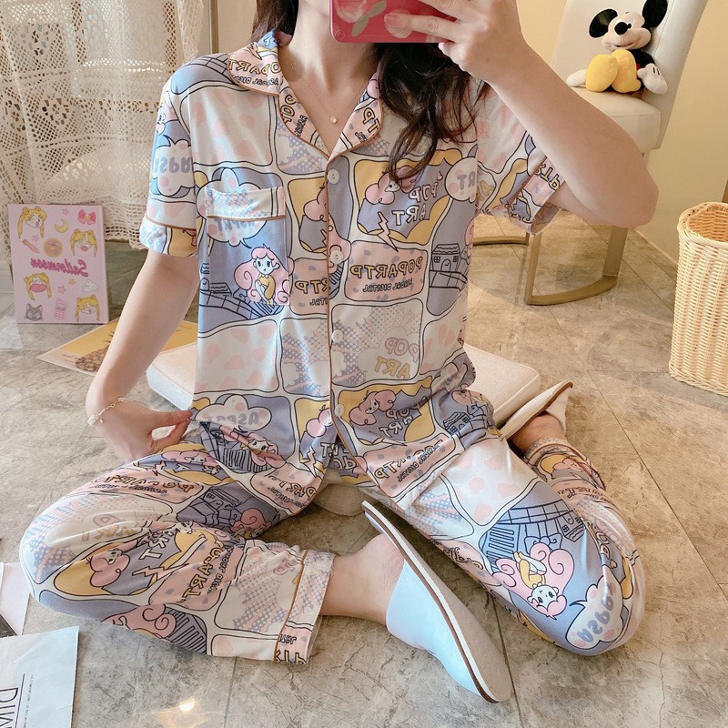 BAJU TIDUR PIYAMA SET KEMEJA CP LENGAN PENDEK CELANA PANJANG IMPORT PREMIUM BANYAK MOTIF PART 2-Gray Girl