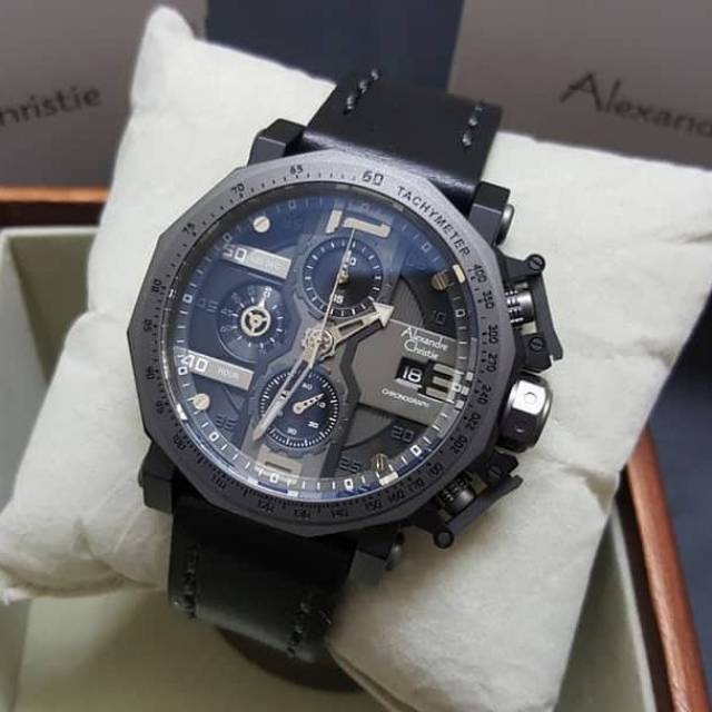 Jam Tangan Keren Elegant Alexandre Christie AC 6373 MC Leather Full Black Original