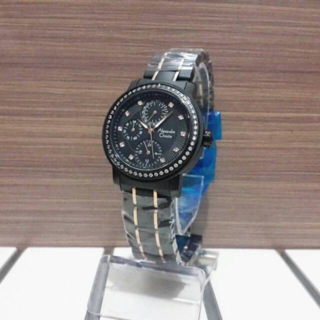 Jam Tangan Alexandre Christie AC2360 Wanita Original Keramik Black Ring Diamond