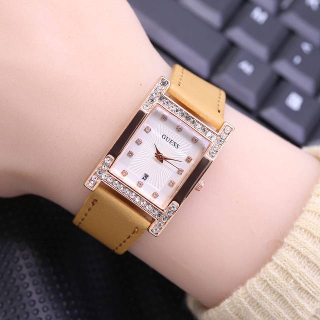 JAM TANGAN FASHION WANITA GUESS DIAMOND KOTAK TALI KULIT TANGGAL AKTIF