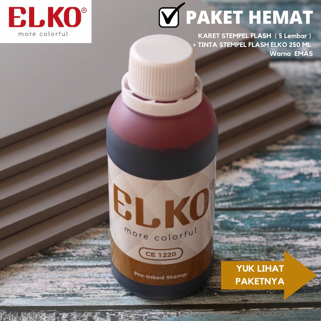 

Karet Stempel Flash 15x33x7 / (5 Lembar) + Tinta Stempel Flash ELKO 250 ML Warna EMAS