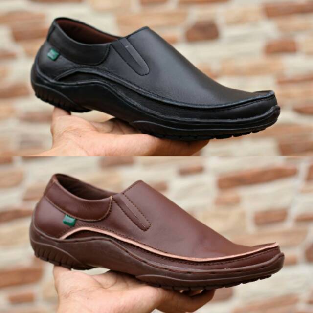 Sepatu pria kulit slip on kickers slop rajut kulit asli