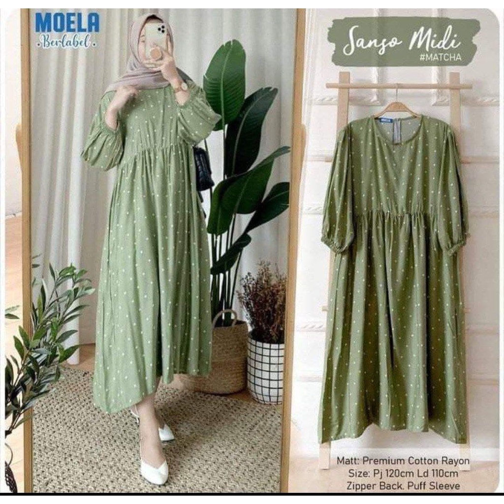 Sanso Midi dress rayon crinkle Busui motif bunga kecil