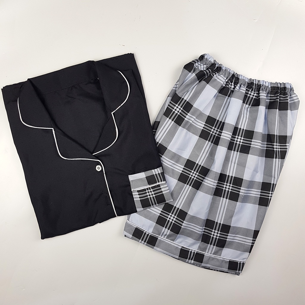 Setelan Piyama Dewasa Celana Pendek Lengan Pendek Hotpant All Size-HPL KOTAK BLACK COMB