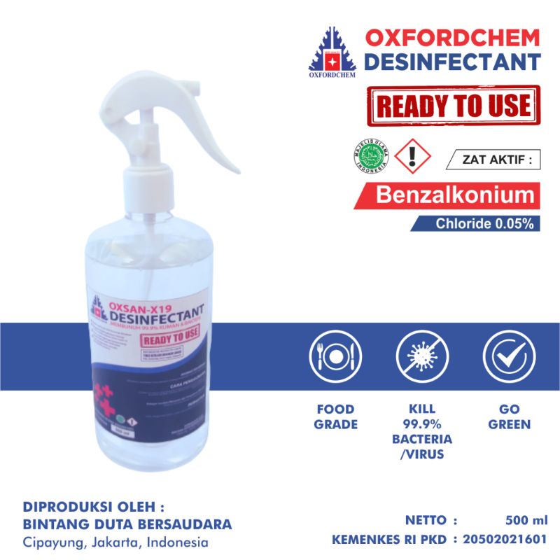 Disinfektan Spray Triger Kemasan 500mL / Disinfectan Ready Use  Oxford
