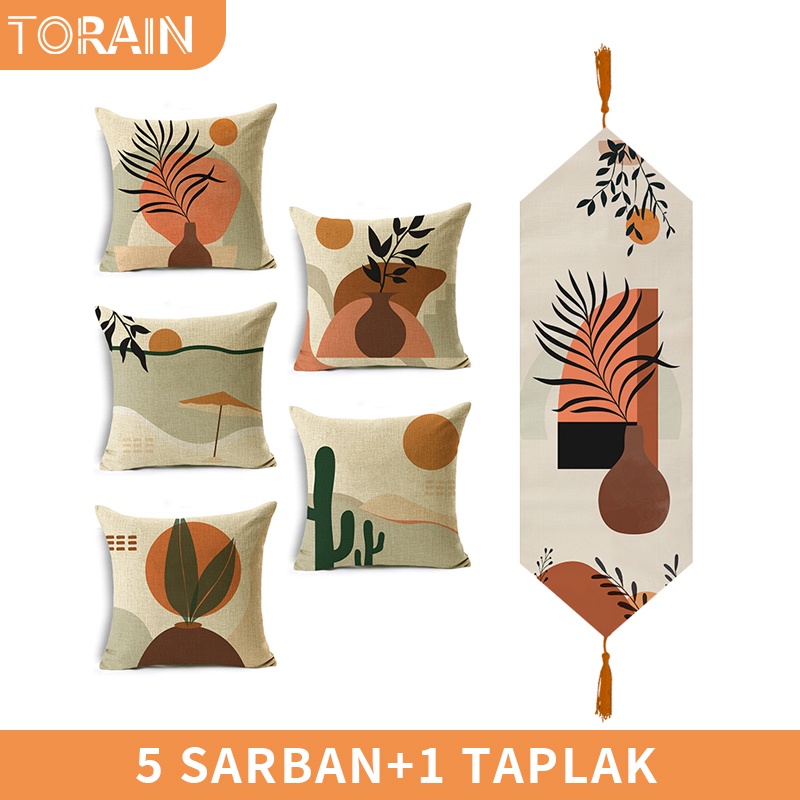 TORAIN Cetak Lenan 40*40cm Sarung Bantal+ Taplak Meja Setelan Dekorasi Rumah 6 Buah Set Alas Meja