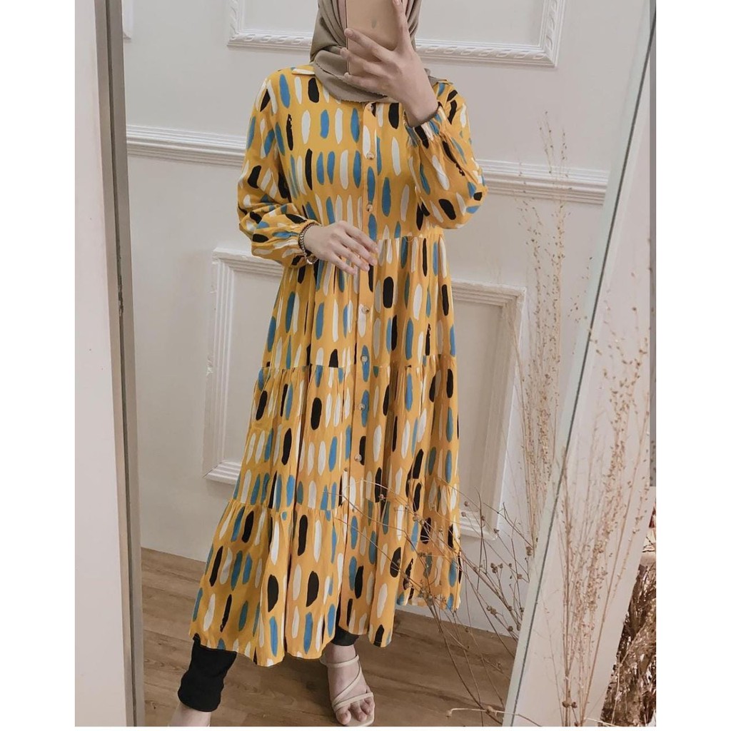 Midi Dress Yuppy Long Tunik Busui Premium Gamis Daily Wanita Kasual Motif Abstrak Bahan Rayon Termur
