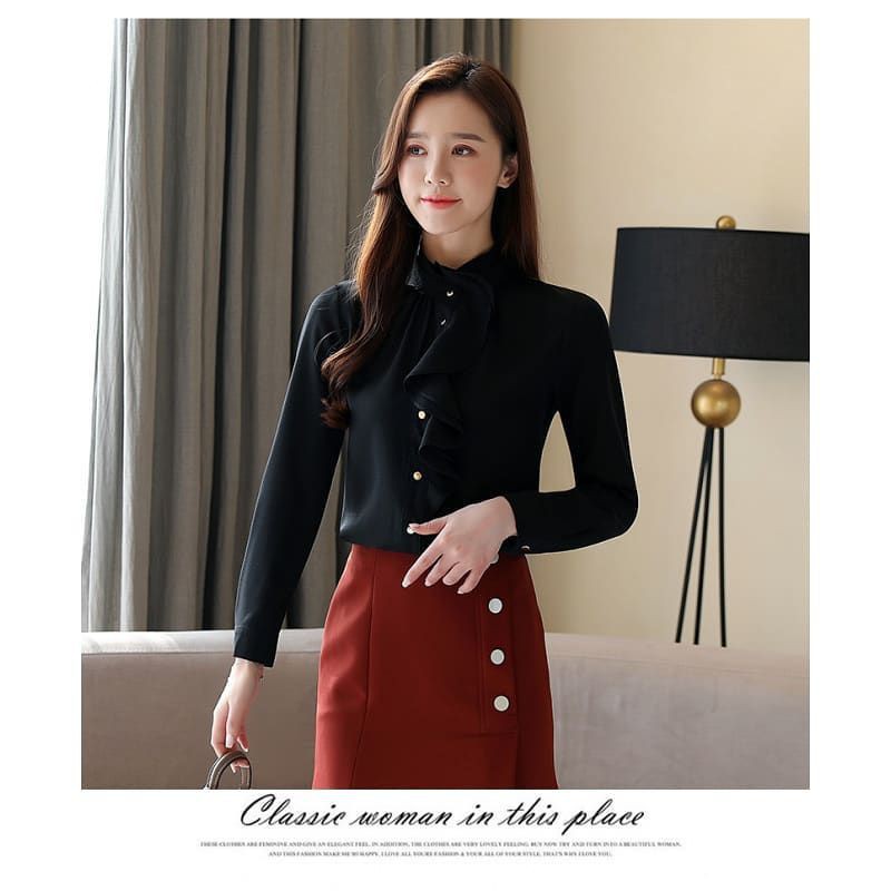 Kemeja wanita warna hitam bahan sifon Korea lengan panjang elegant