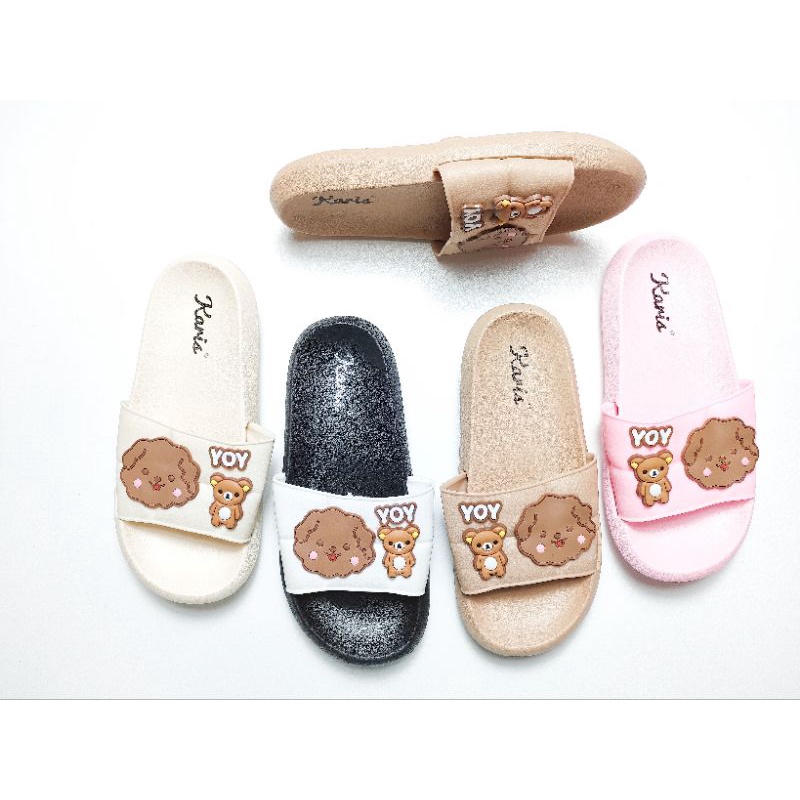 SANDAL IMPORT PEREMPUAN CEWEK REMAJA DEWASA MUDA GAMBAR BERUANG BROWN PUPPY PUDDLE KARIS 333 BAHAN KARET LENTUR ELASTIS ANTI SLIP