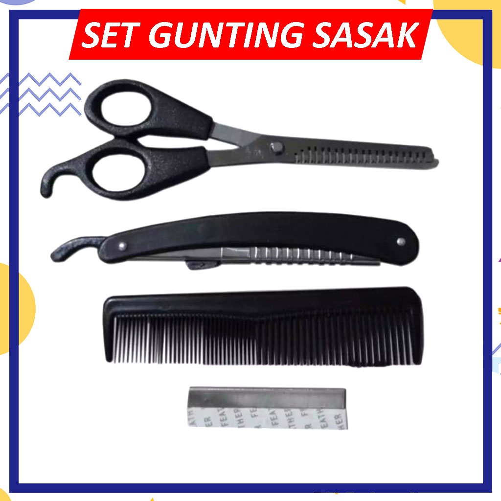 Set Gunting Sasak + Pisau Isi 4 Pcs / Set Peralatan Salon Hair Cutting Styling / Set Gunting Sasak Alat Cukur Rambut isi 4 Pcs