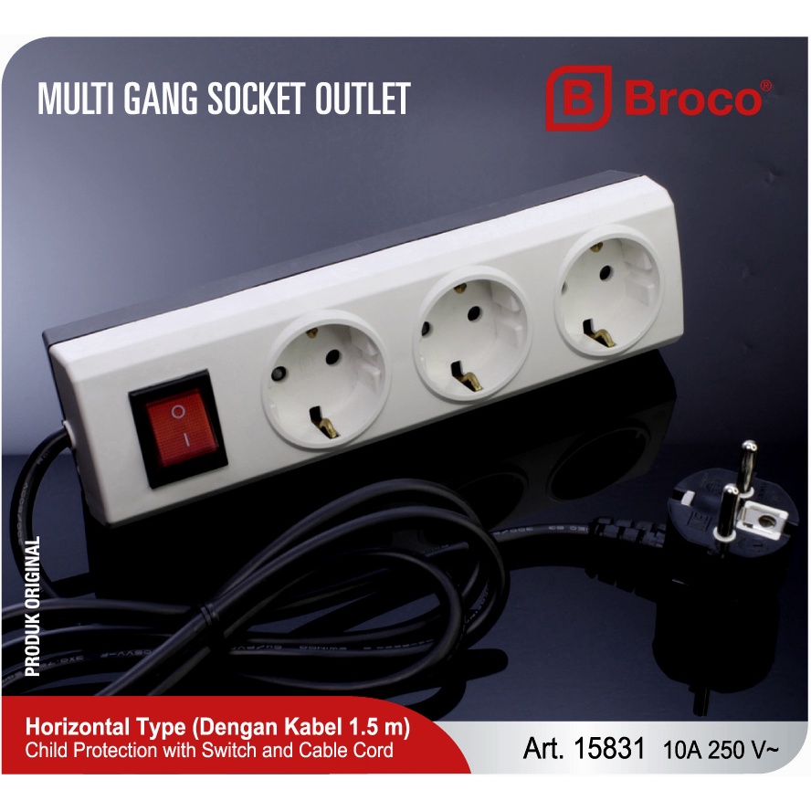 BROCO 15831 Stop Kontak 3 Lubang 10A Arde + Kabel 1.5 m + Switch + CP