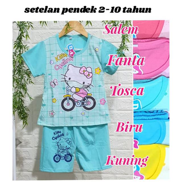 Baju Setelan harian celana pendek anak perempuan 1-5 tahun / setelan pendek anak cewek hello kitty doraemon lol