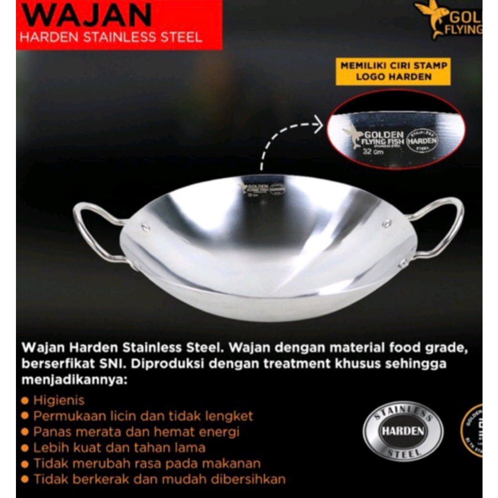 Wajan Golden Flying Fish - Kuali Anti Lengket Stainless Harden Steel Diameter 30 32 36 38 40 42 cm