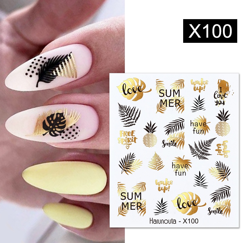 Harunouta Black Lines Flower Leaves Water Decals Stickers Floral Face Marble Pattern Slider For Nails Summer Nail Art Decoration