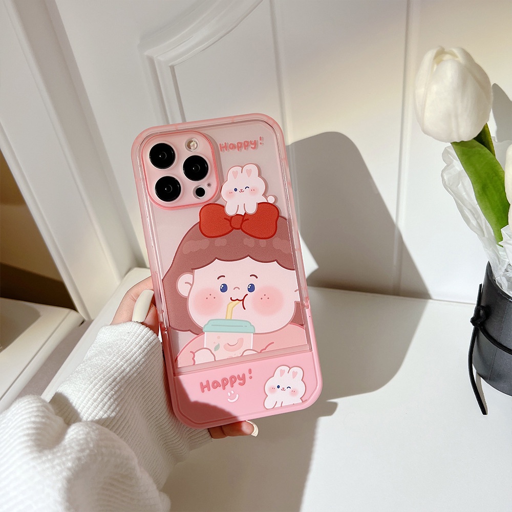 IPHONE Pink Milk Tea Girl Kartun Foldable Phone Holder Case Penutup Pelindung Untuk Iphone7 8 PLUS X XR XS 11 12 13 14 PRO MAX Se2020