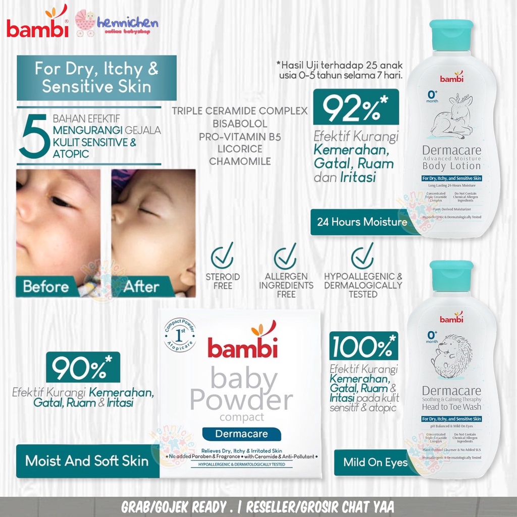 Bambi Baby Dermacare Daily Soothing &amp; Calming Theraphy Head To Toe Wash 200ml / Advanced Moisture Body Lotion 200ml /Powder Compact Dermacare 40gr