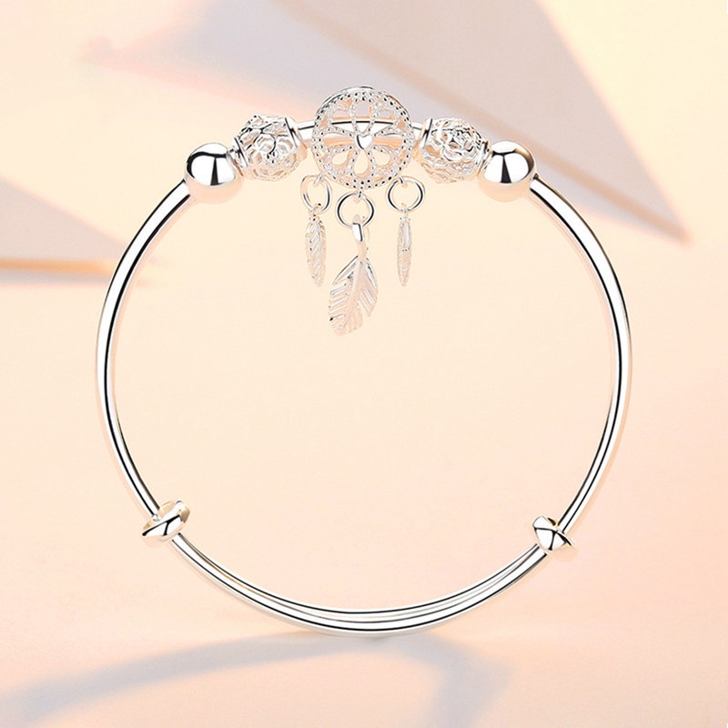 Fancyqube Gelang Tangan Sterling Silver 925 Wanita Desain Dream Catcher Bulu Hias Zircon Untuk Pesta