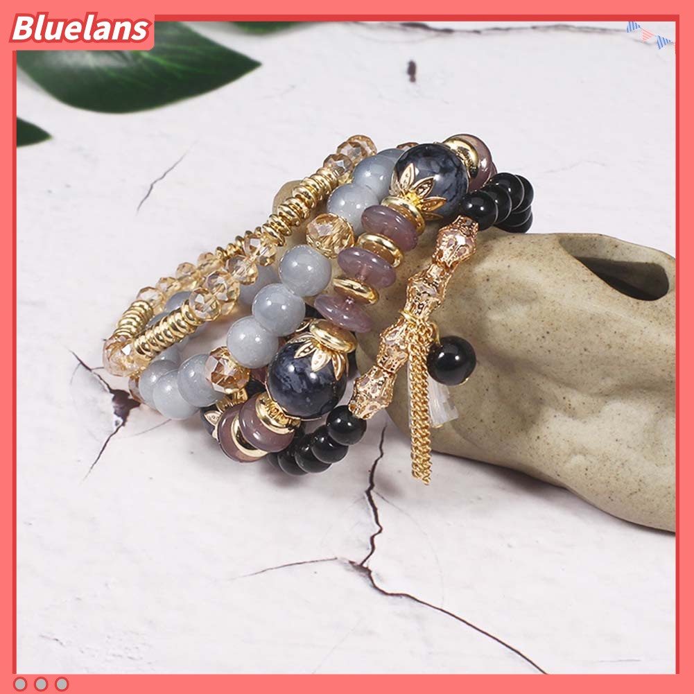 Bluelans 4Pcs Boho Faux Agate Pearl Tassel Chain Charm Beaded Bracelet Women Jewelry