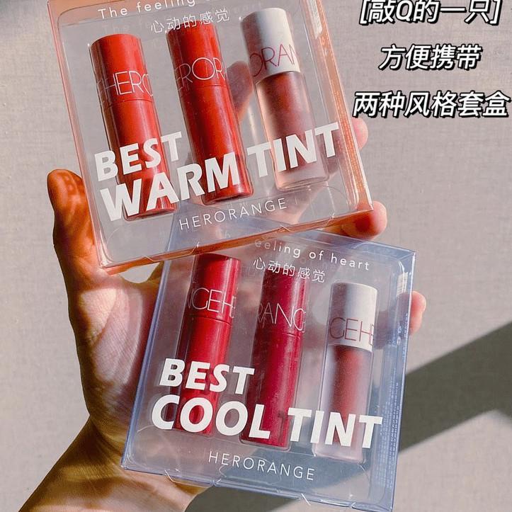 [KODE ETFVM] HERORANGE The Feeling Of Heart Small Cute Mini 3pcs Lip Glaze Set Gift Box Lip tint
