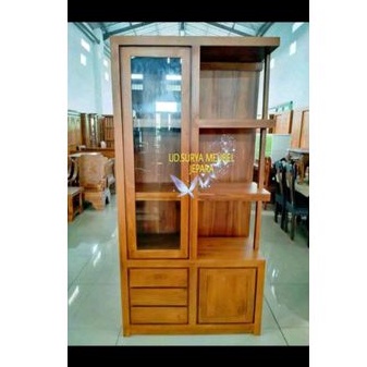 Lemari pajangan almari hias bufet bupet pajangan model minimalis pintu kaca laci kayu jati