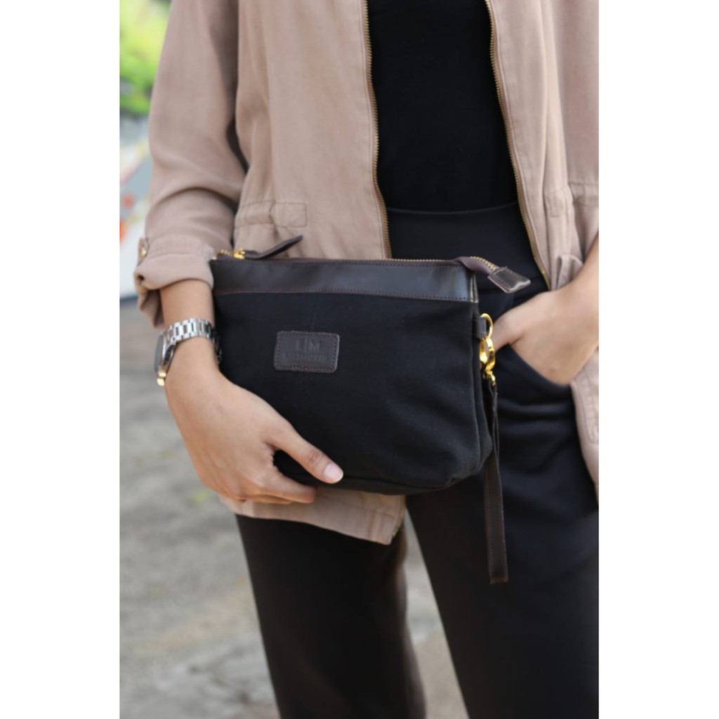 Tas Tangan Handbag Clutch Eastmovin Oliver Pouch Cewek Cowok Hitam Kanvas TEBAL &amp; Kulit ASLI