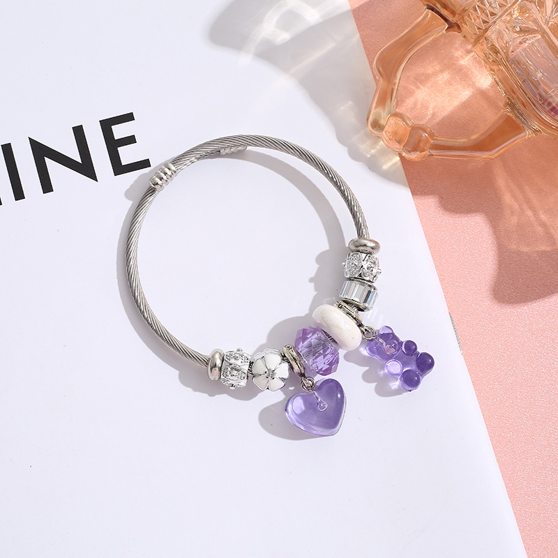 XiaoboACC Gelang Manik-Manik Kristal Dengan Liontin Beruang Bahan Stainless Steel Warna Jelly Untuk Wanita